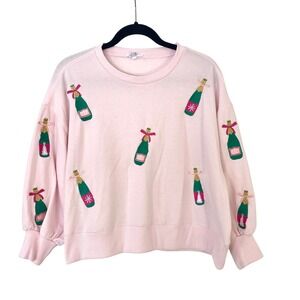 Mary‎ Square Millie Pink Champagne Bottle Embroidered Sweatshirt Women's Small